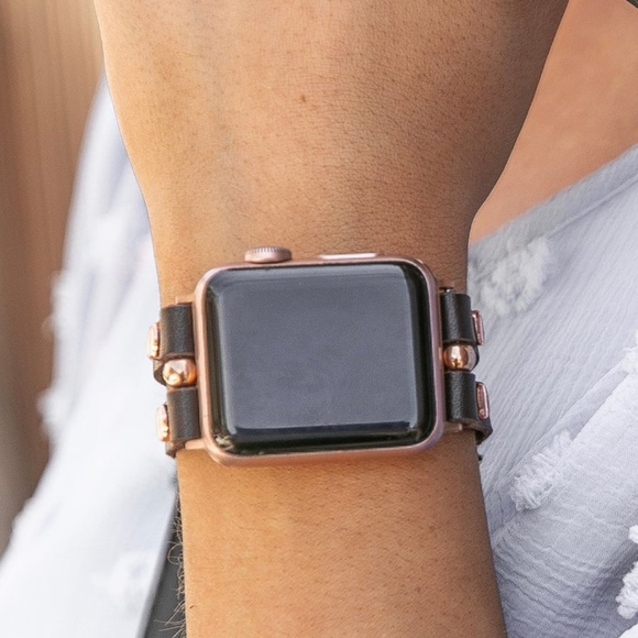 Double Strap Dark Brown Leather Apple Watch Series 7 RoseGold Jewelry Bracelet main image 7